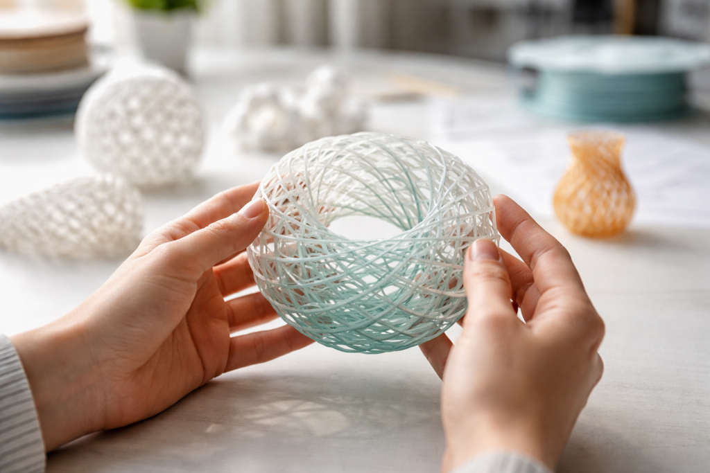 Stemningsfuldt, mere abstrakt billede til mission/visions-afsnit, hvor 3D-print symboliserer innovation, læring og fremtidsteknologi.