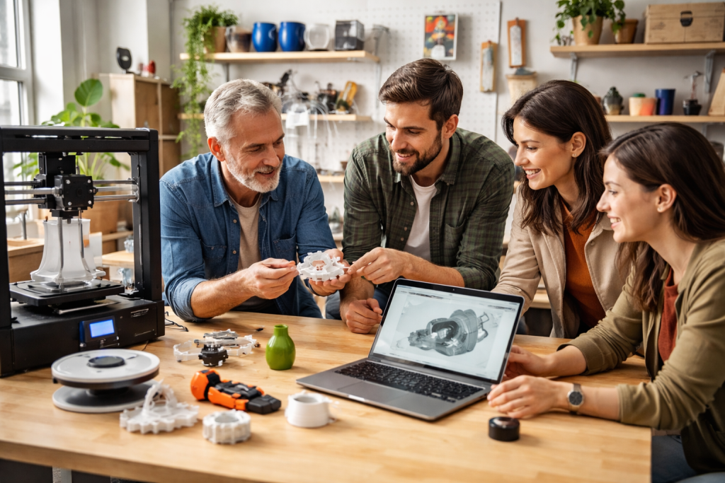 Billede til 'Om os'-sektionen, der viser et lille hold af forskellige personer samlet omkring 3D-printere og modeller i et afslappet, kreativt værkstedsmiljø.