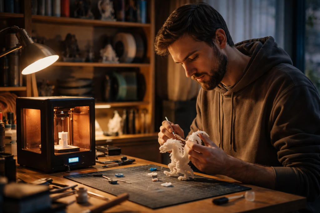 Lifestyle-stemningsbillede, hvor en hobbyentusiast derhjemme arbejder med et 3D-printprojekt om aftenen, omgivet af modeller og idéer – for at vise passion og kreativitet.