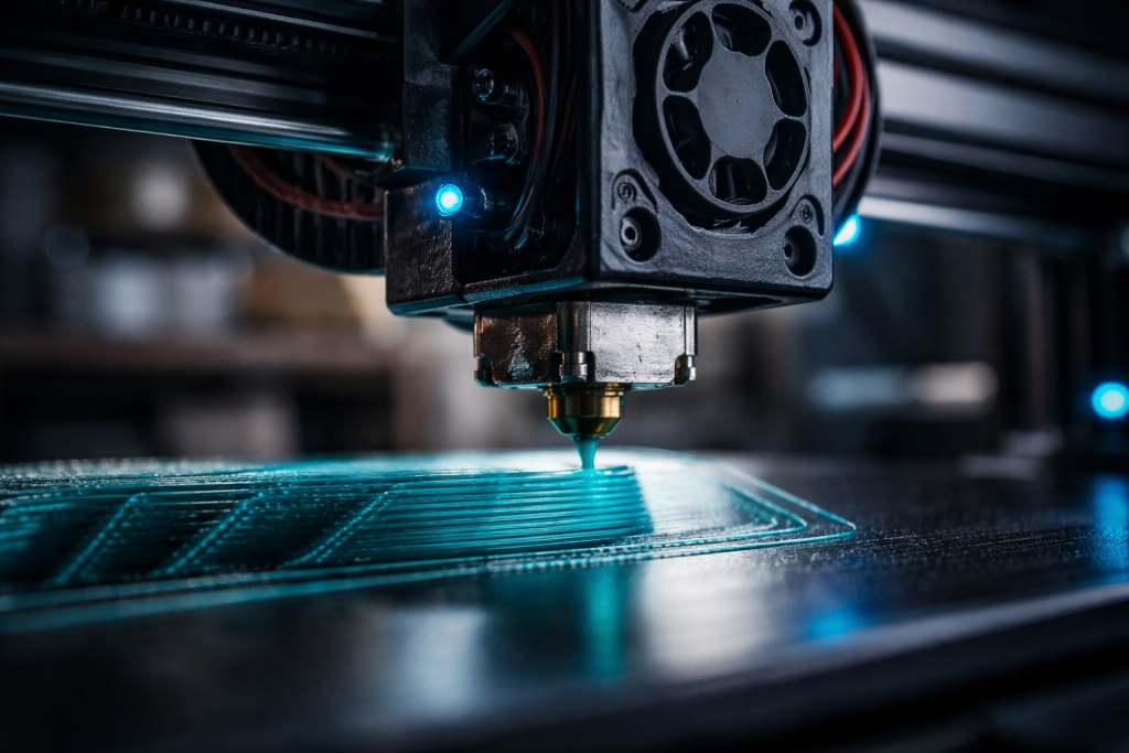 Sekundær hero til undersider med fokus på selve 3D-printprocessen tæt på, hvor dysen lægger filamentlag, så teknologien og præcisionen fremhæves.