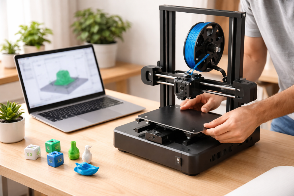 Illustration til en sektion om begynderguides, der viser en enkel 3D-printeropsætning med manual, laptop og en person, der roligt justerer printeren.