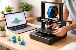 Illustration til en sektion om begynderguides, der viser en enkel 3D-printeropsætning med manual, laptop og en person, der roligt justerer printeren.