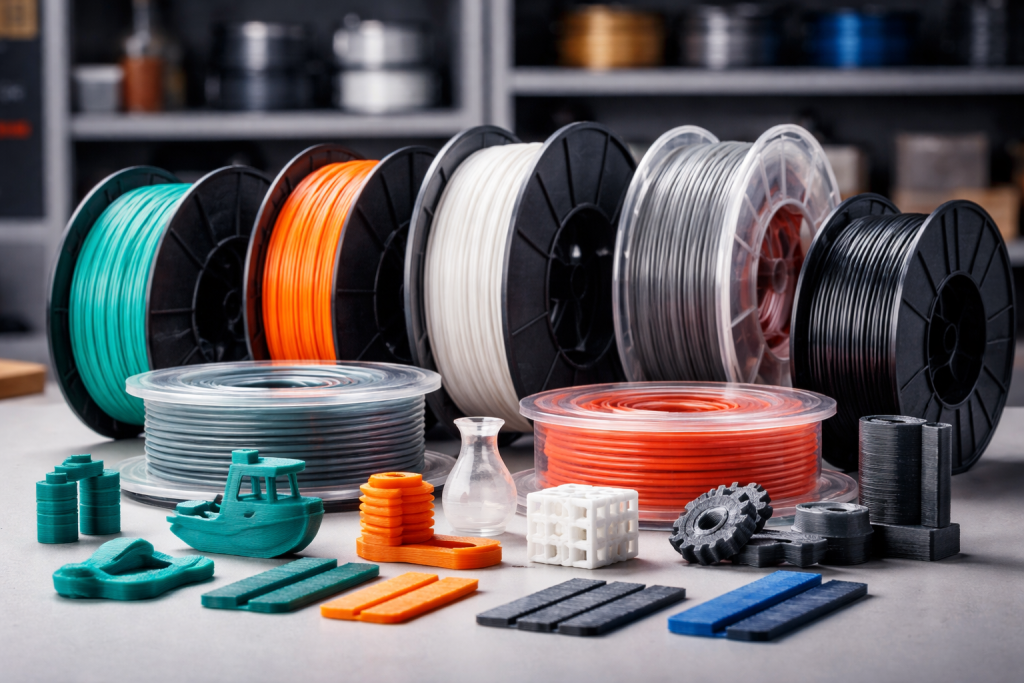 Illustration til en sektion om materialer og filament, hvor forskellige typer filamentspoler og små testemner vises ryddeligt i et overskueligt setup.