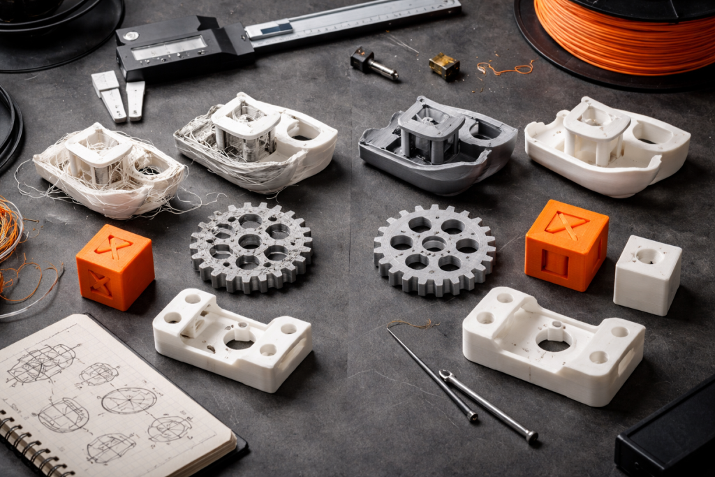 Illustration til en sektion om forbedring af printkvalitet og fejlfinding, med fokus på forskellige printdele – både fejlprint og perfekte resultater – på et bord.