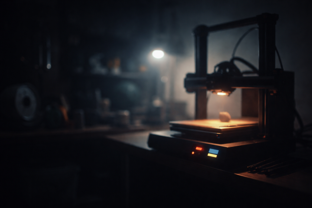 Diskret, mørkere baggrundsbillede til testimonials, med en 3D-printer i baggrunden og blød belysning, så hvid tekst kan læses tydeligt ovenpå.