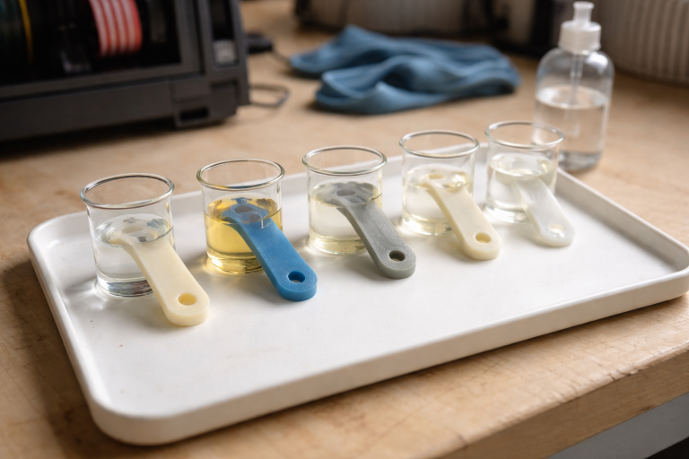 Kemisk bestandighed i 3D-print: hvad tåler PLA, PETG, ABS, nylon og PP?