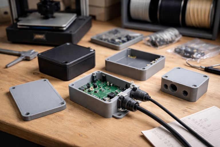 3D-printede elektronikbokse: sådan vælger du IP-klasse, materiale, kabelgennemføringer og EMC-greb