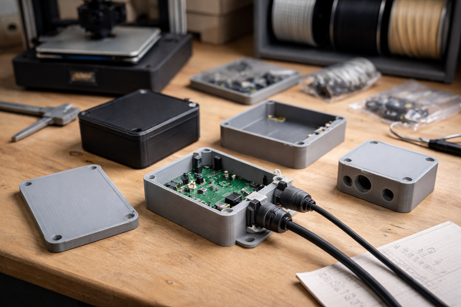 3D-printede elektronikbokse: sådan vælger du IP-klasse, materiale, kabelgennemføringer og EMC-greb