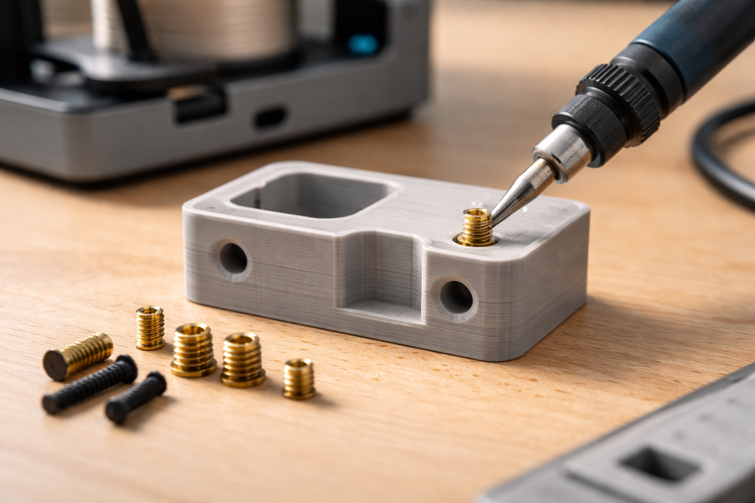 Varmeindsatser og gevindindsatser til 3D-print: valg, hulmål og montage